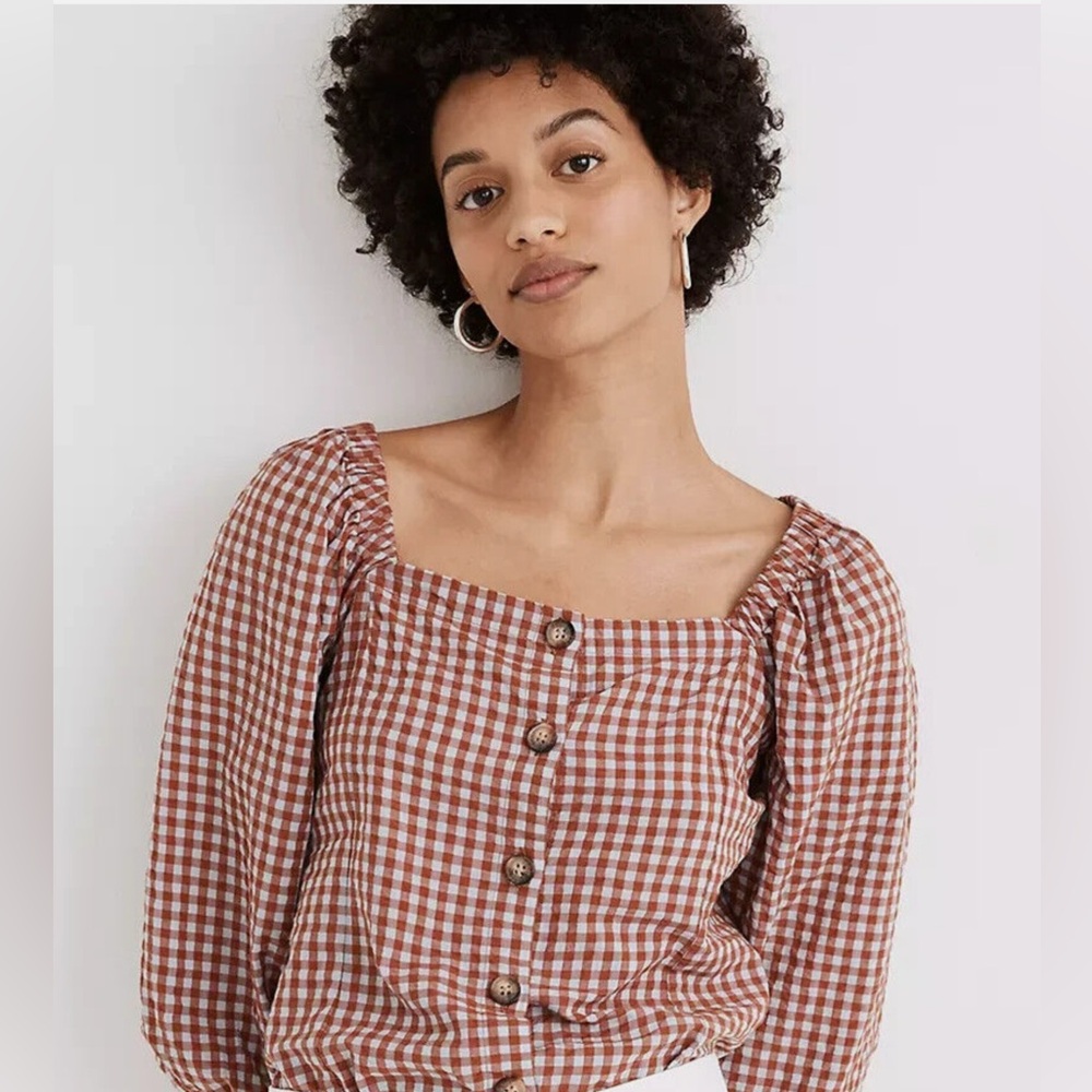 Madewell Gingham square neck top, red and light blue, size 6